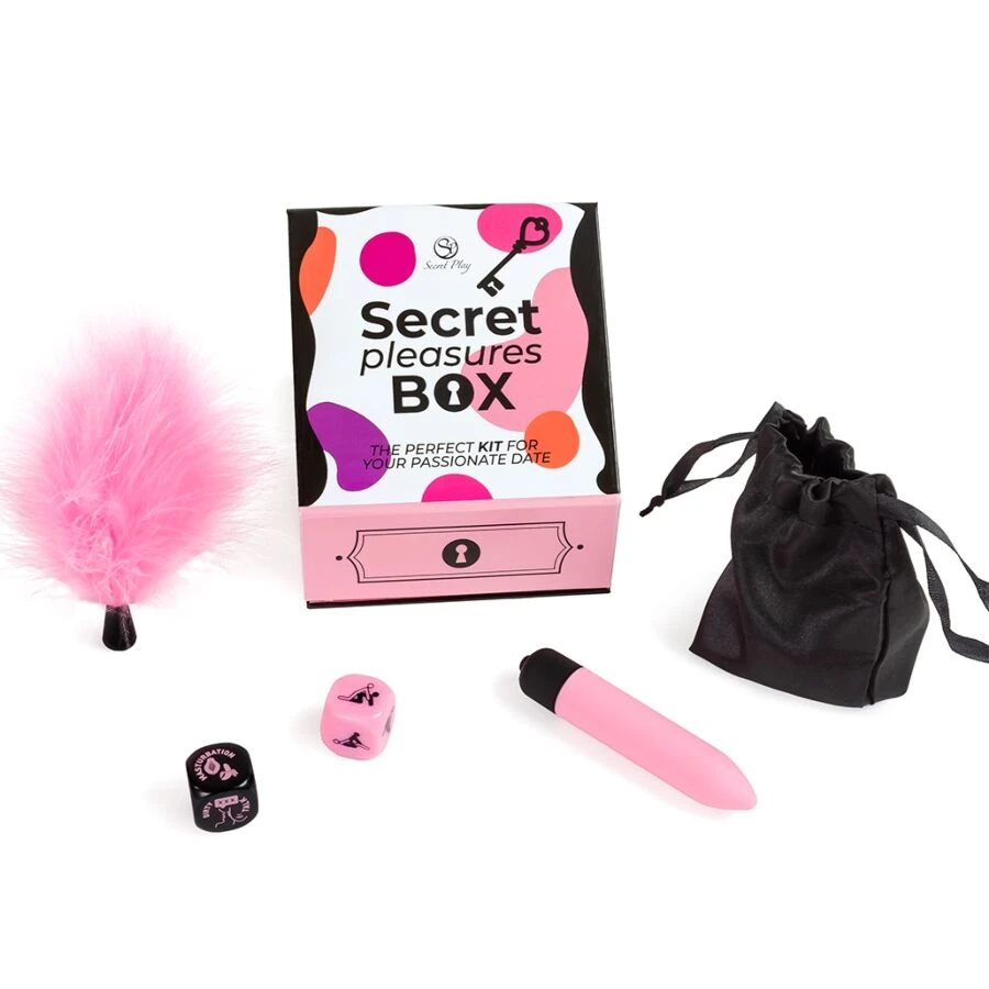 SECRET PLAY - PLEASURES BOX PER COPPIE: DADI + PROIETTILE VIBRANTE + PENNA CON PIUMA